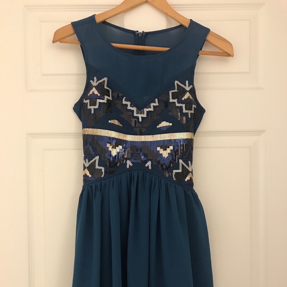 LOVE POINT Turquoise Sequin Fit Flare Dress